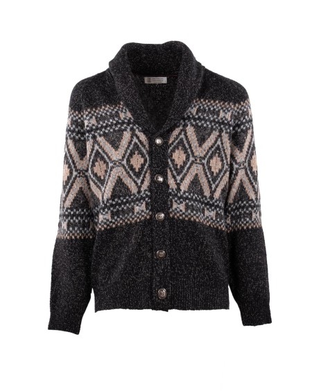 Shop BRUNELLO CUCINELLI  Cardigan: Brunello Cucinelli cardigan Geometric Jacquard in lana vergine, seta e cashmere Mouliné con bottoni in metallo.
Chiusura con bottoni in metallo.
Collo sciallato.
Manica raglan.
Polsini e fondo in maglia a coste.
Maglia con diversi punti.
Composizione: 70% LANA VERGINE, 22% SETA, 8% CASHMERE.
Made in Italy.. MRI505406-CUL12